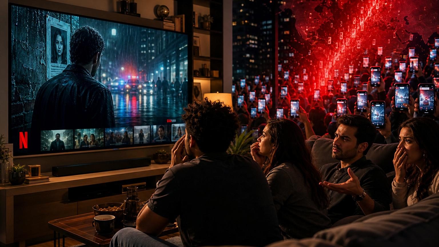 Interface de lecture Netflix affichant une mini-série de suspense avec des visuels de mystère et d'intrigue