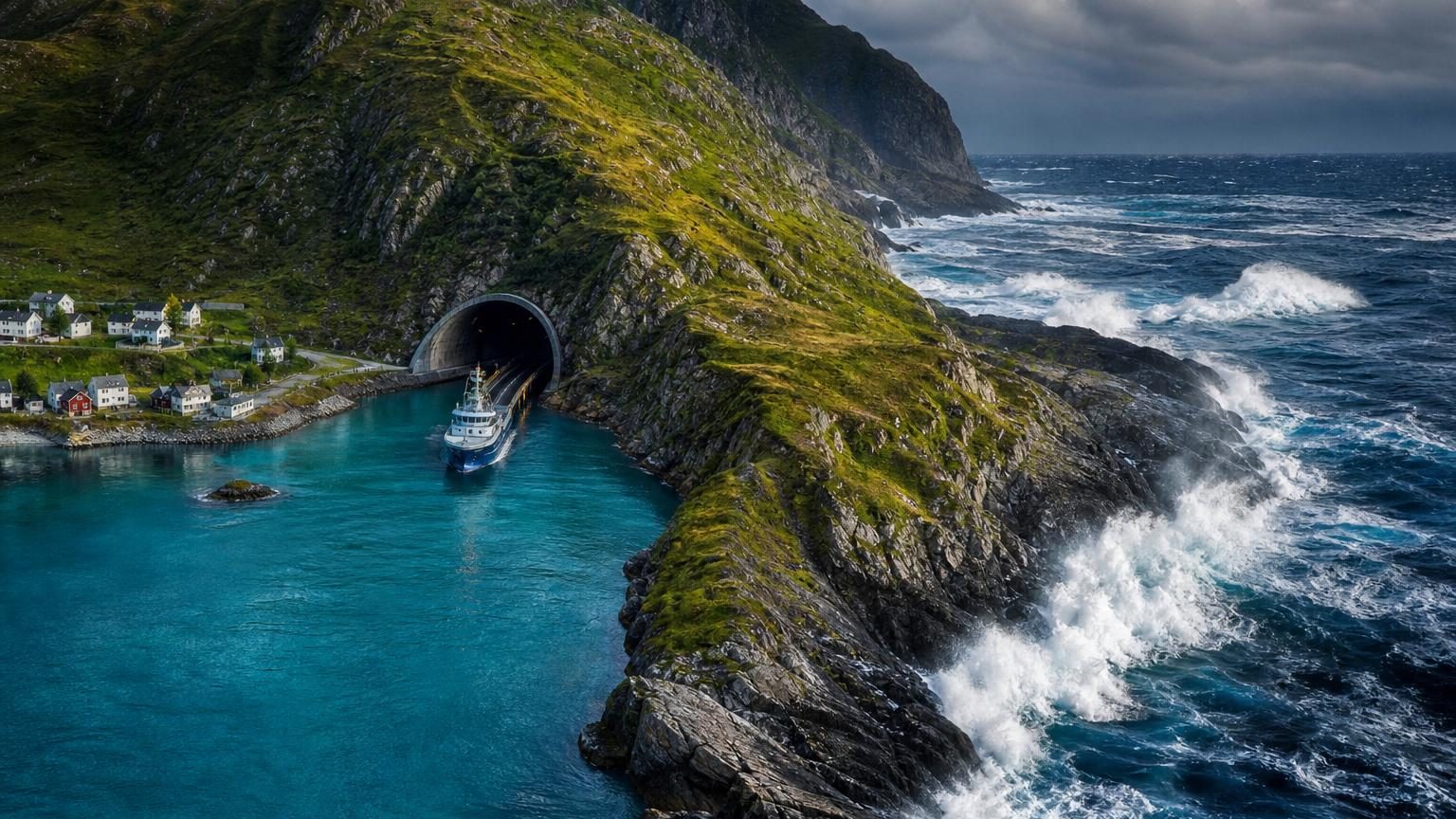 Vue aérienne d'une montagne côtière côtoyant une mer agitée avec des vagues puissantes, symbolisant le défi que relève la Norvège en creusant un tunnel navigable sous cette péninsule.