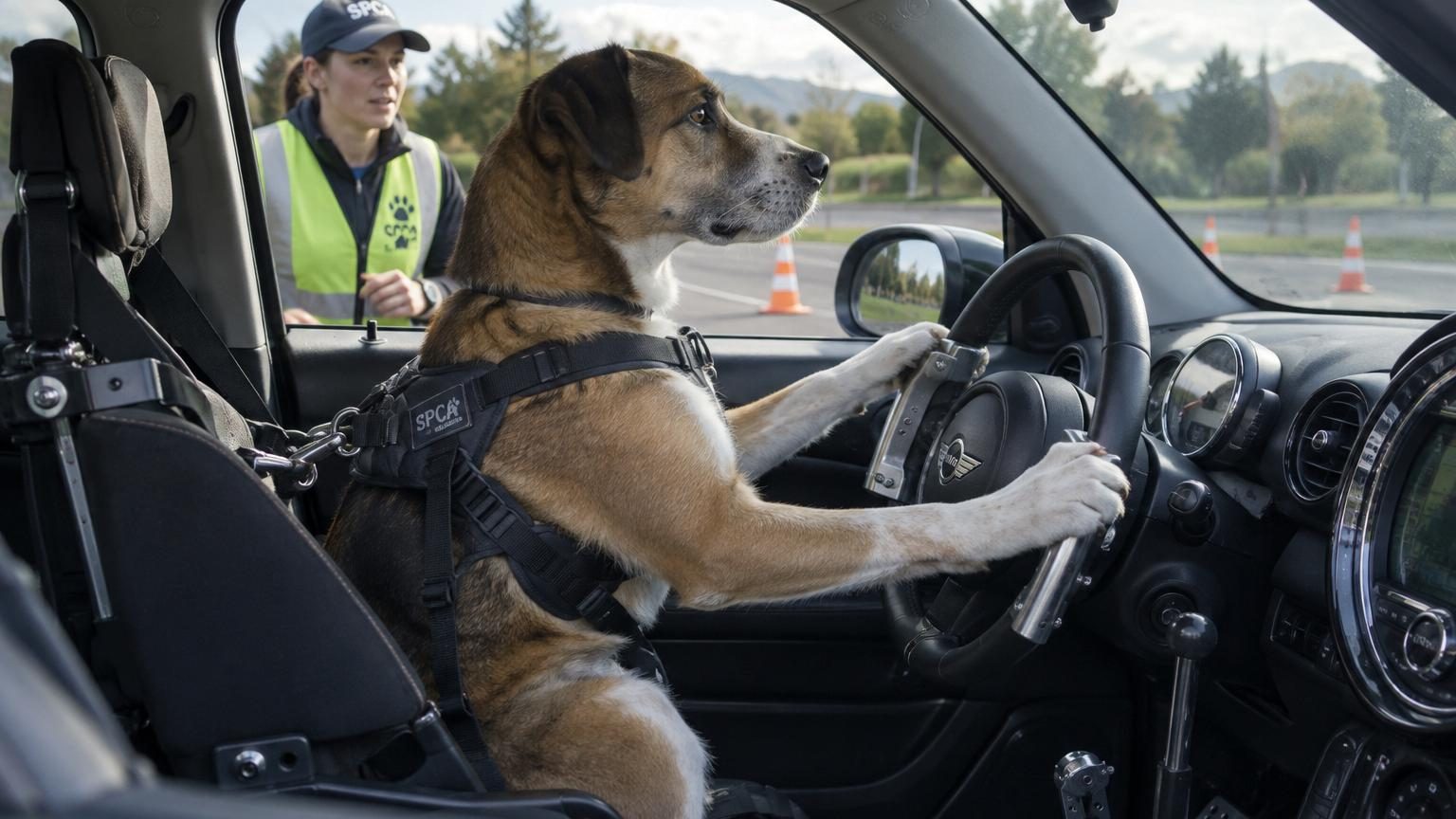 Un chien brun assis au volant d'une Mini Countryman modifiée, pattes sur le volant, regard tourné vers la route dans un circuit fermé, démontrant sa capacité à conduire.