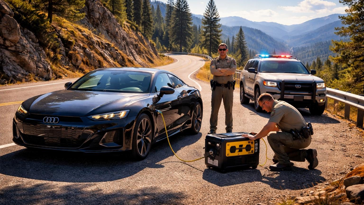 Un groupe électrogène portable alimenté au carburant fossile branché sur une Audi électrique immobilisée sur le bord d'une route de montagne en Californie, symbole du paradoxe de la mobilité électrique en zone reculée.
