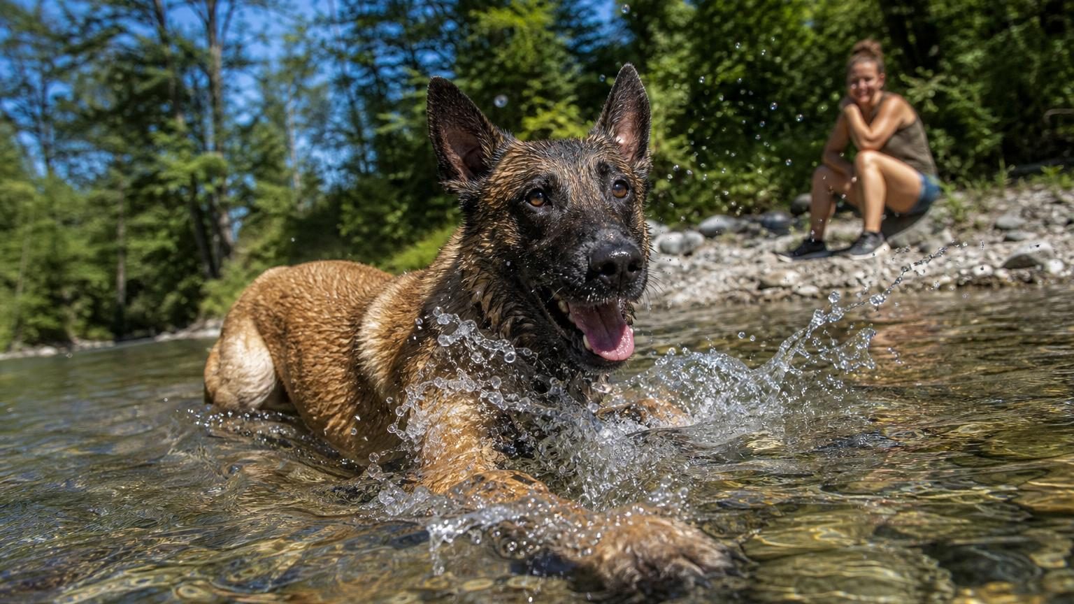 Un Berger Belge Malinois dans une rivière cherchant à se rafraîchir durant une chaude journée