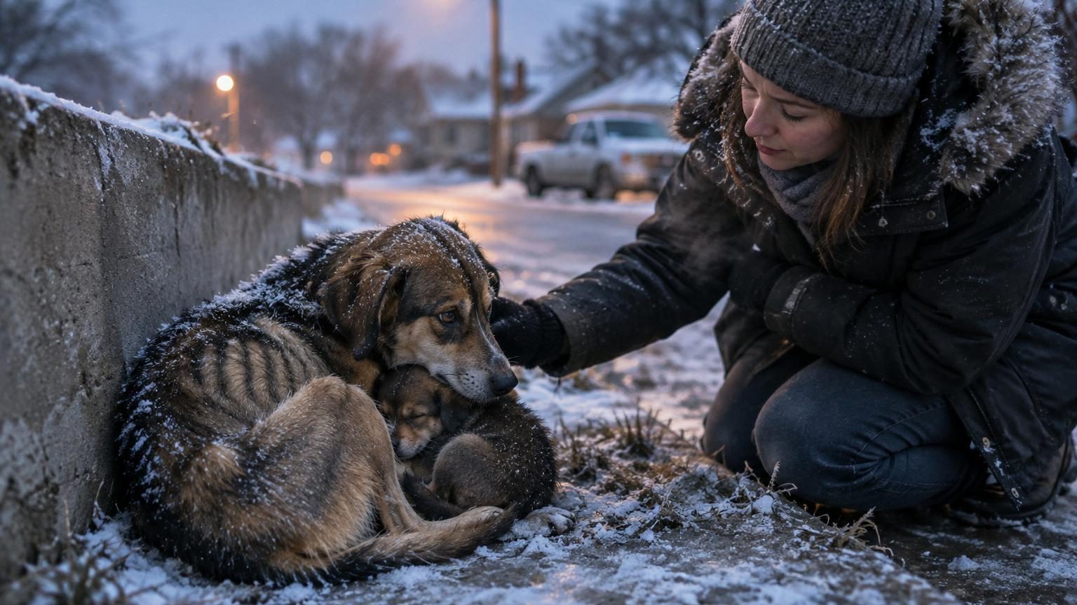 En pleine vague de froid au Texas, une sauveteuse trouve une chienne errante enroulée autour de son chiot pour l'empêcher de geler