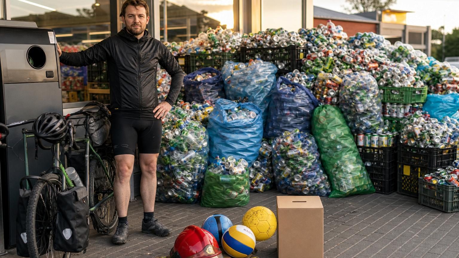 Un homme face à un automate de consigne chargé de milliers de bouteilles et canettes à recycler en une journée.