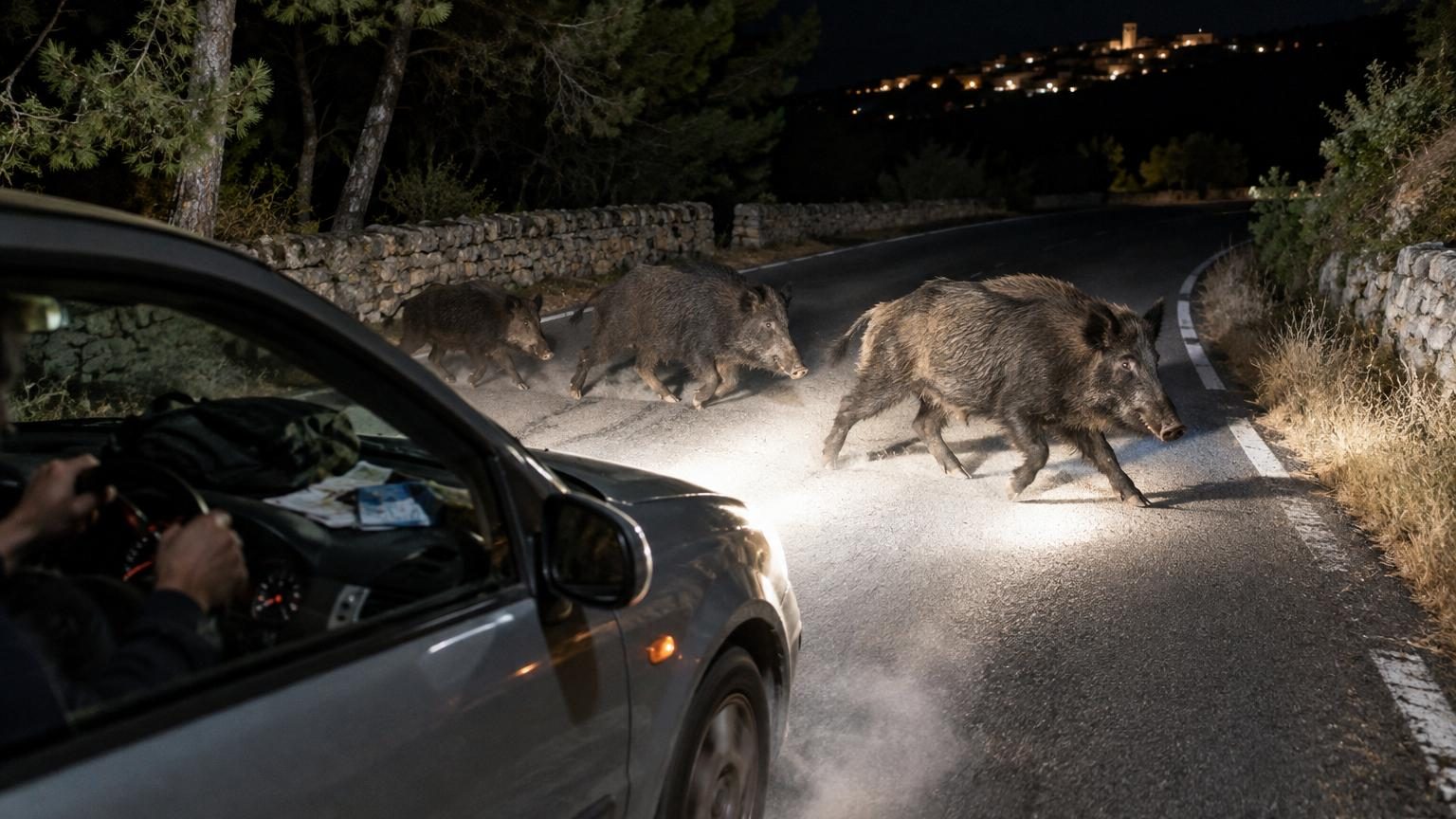 Silhouettes de sangliers traversant une route sombre la nuit, illuminées par les phares d'une voiture en Provence