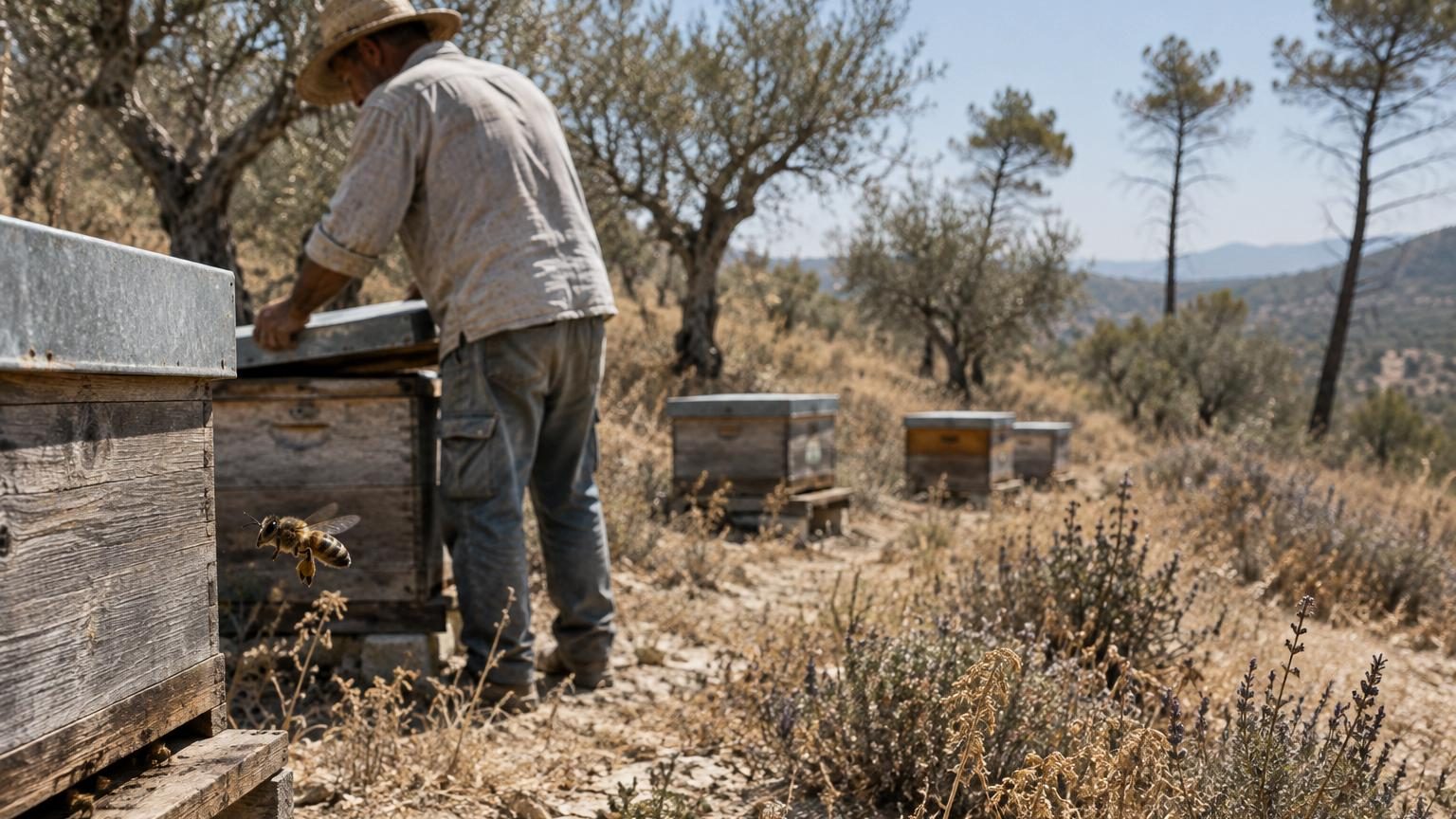 Paysage provençal aride avec herbes jaunies, pins dénudés et pierre blanche sous le soleil intense, symbolisant la transformation des terres par les sécheresses répétées.
