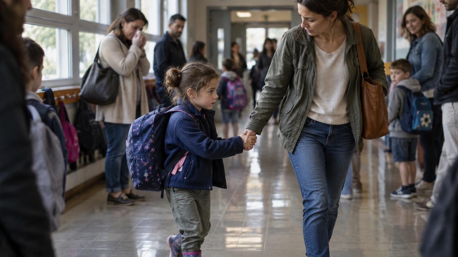 Une jeune fille portant des tongs marche dans un couloir d'école brillamment éclairé, concentrée sur chaque pas, tandis que des parents la regardent avec curiosité et bienveillance.