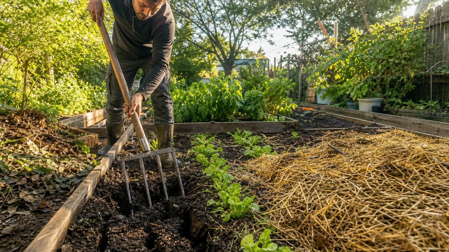 Un jardinier utilise une grelinette pour aérer une planche de potager compacte, en enfonçant verticalement les dents puis tirant les manches vers lui sans retourner la terre.