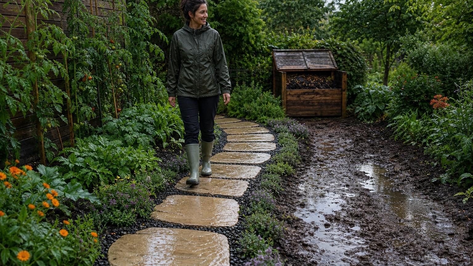 Un passage de dalles de pierre reconstituée espacées régulièrement sur lit de gravier, traversant un jardin humide entre la terrasse et le fond du terrain.