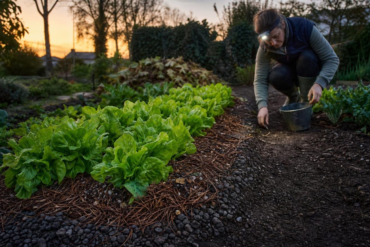 Jardin potager avec rangées de salades fraîches, zones dégagées autour des plants et barrière protectrice de matière rugueuse, sans limaces visibles