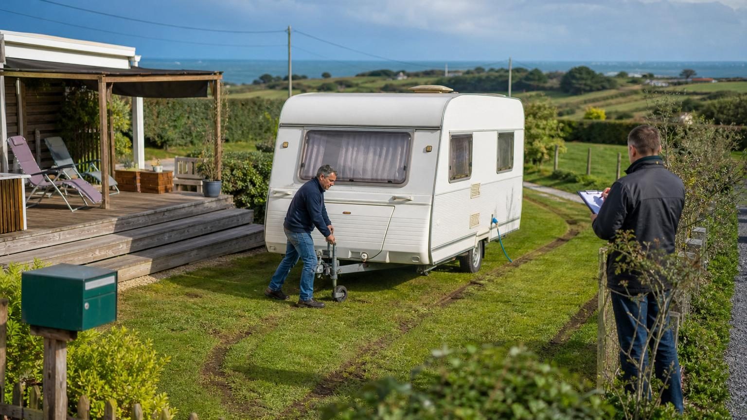 Une caravane blanche stationnée sur un terrain privé avec une terrasse en bois, un auvent et des équipements aménagés autour, illustrant une installation durable potentiellement soumise aux règles d'urbanisme.
