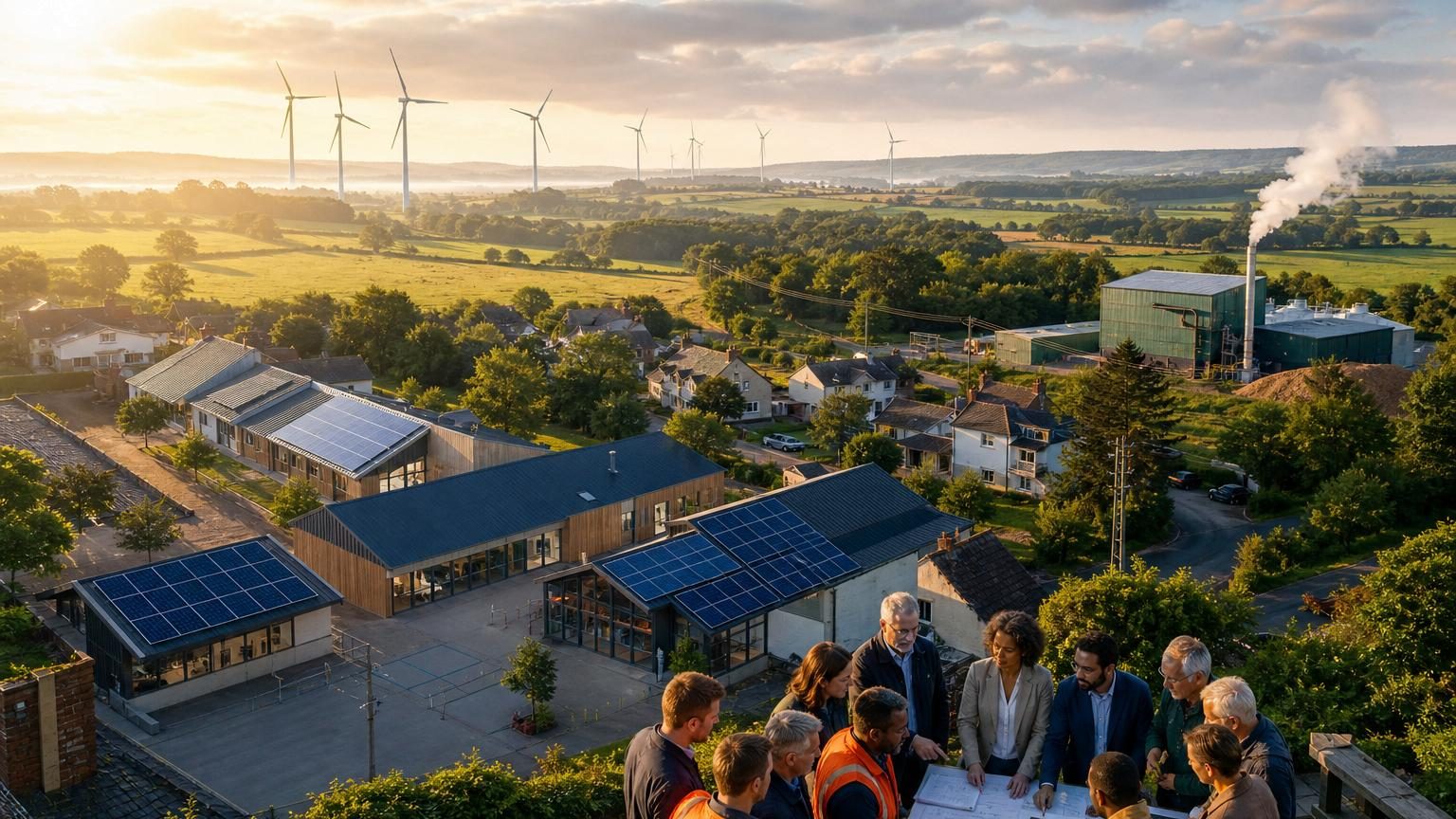 Toits humides d'une zone artisanale au petit matin reflétant une lumière grise, avec quelques panneaux solaires captant la lumière pour produire de l'électricité locale.