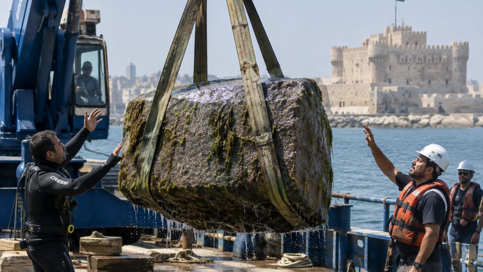 Engloutie depuis plus de 1 600 ans : des archéologues remontent du fond de la Méditerranée un bloc de l'une des sept merveilles du monde