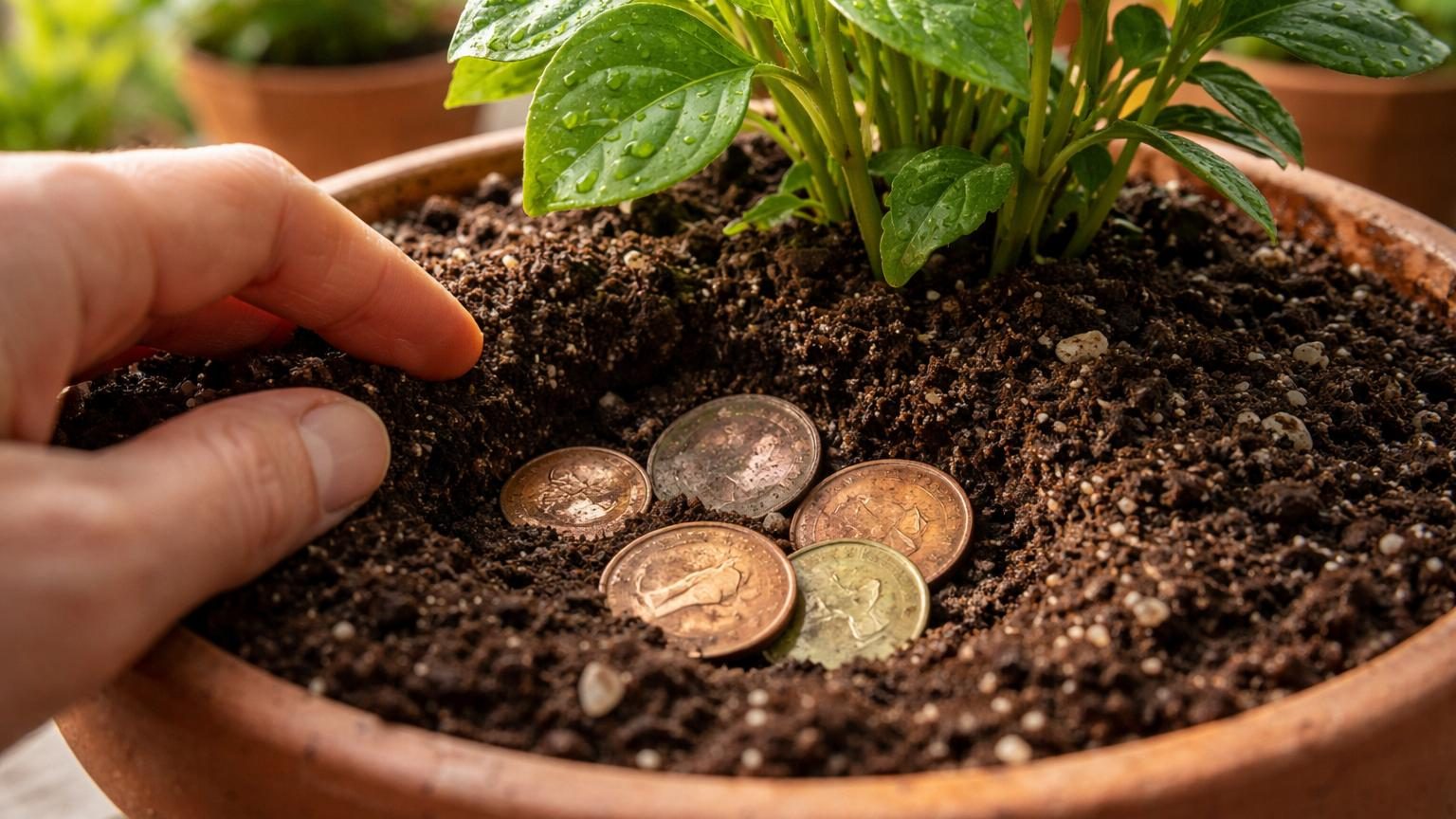 Pièces de monnaie anciennes et oxydées placées dans du terreau humide à côté d'une jeune plante verte en pot