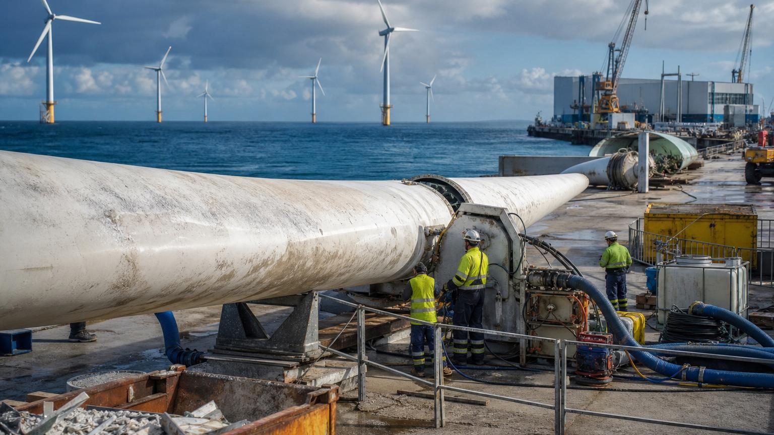 Une pale d'éolienne de plusieurs dizaines de mètres reposant sur son berceau métallique dans un port, rappelant un immense morceau de bateau échoué.