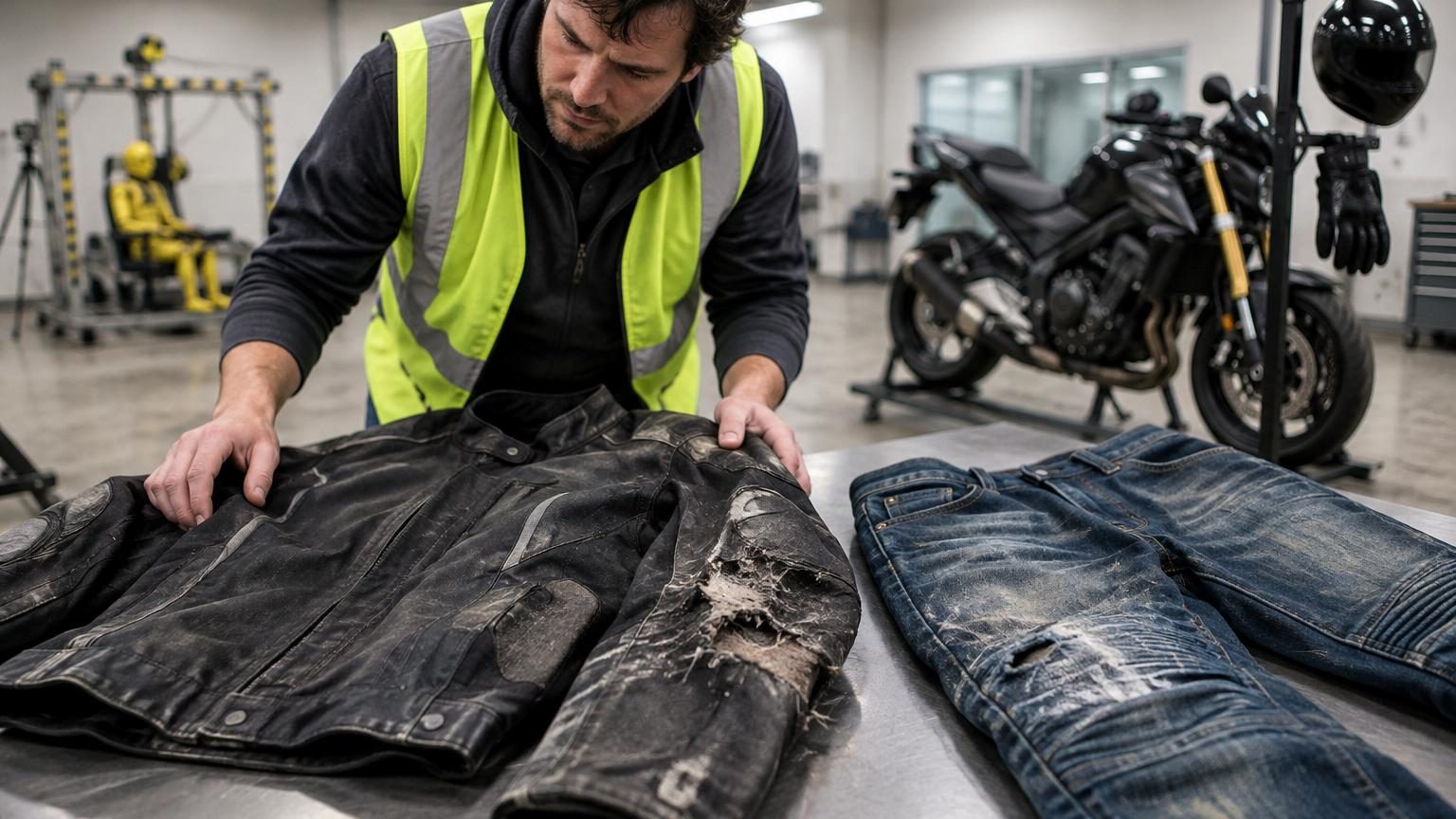 Motard portant un blouson moto certifié lors d'une chute d'essai en laboratoire, illustrant l'écart entre certification et protection réelle