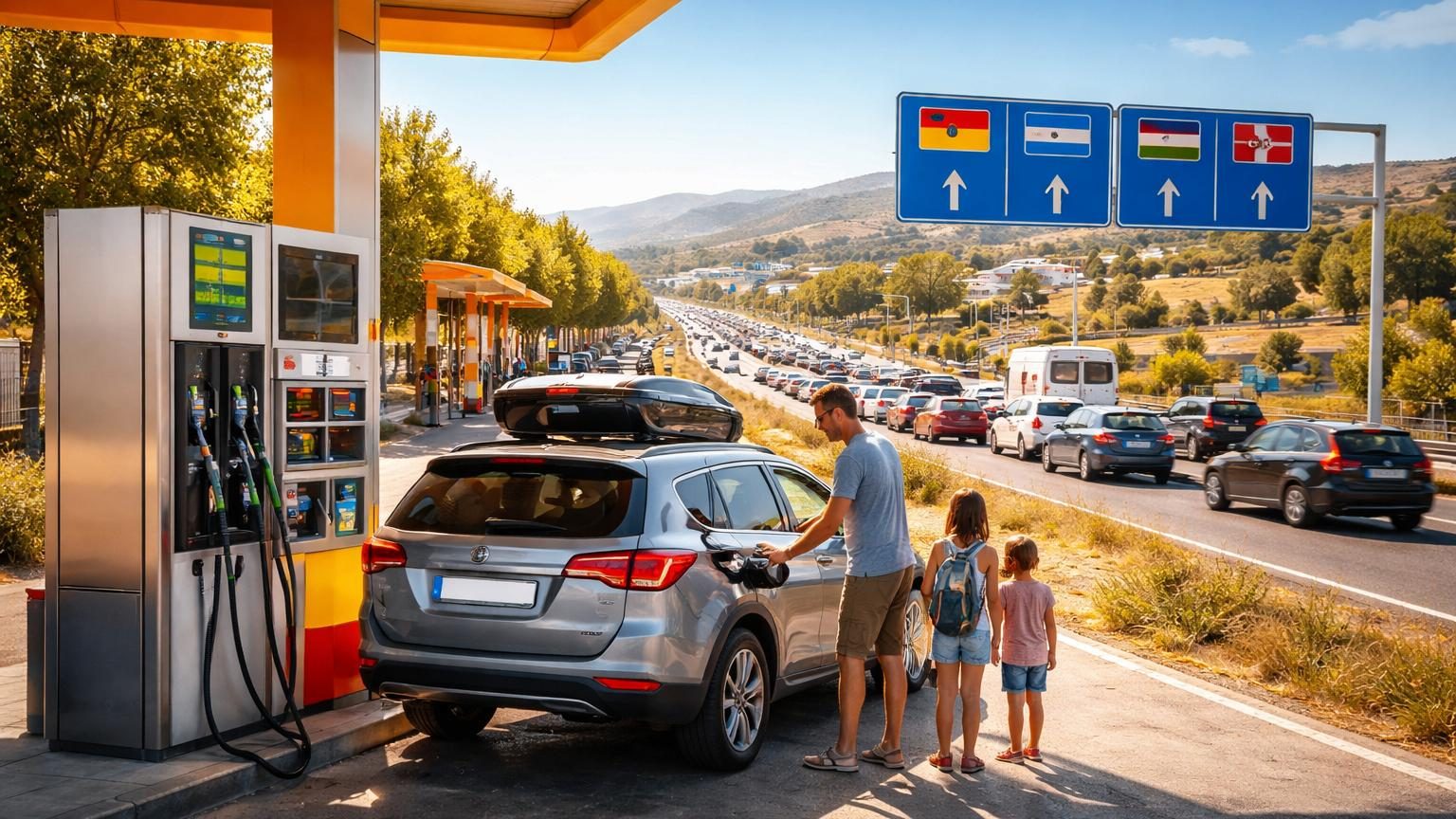 Conducteur regardant une carte routière avant de partir en vacances, représentant la planification d'un itinéraire optimisé pour économiser sur le carburant en Europe.