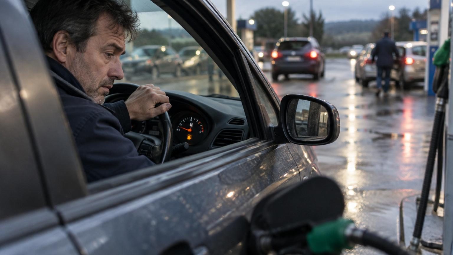 Tableau de bord de voiture affichant un faible niveau de carburant avec jauge proche de la réserve