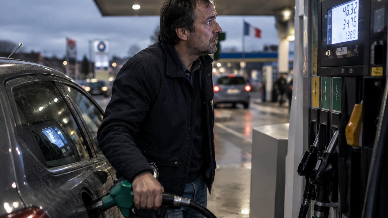 Main d'automobiliste tenant le pistolet d'une pompe à essence, compteur affichant un prix à l'écran d'une station-service, voiture en arrière-plan