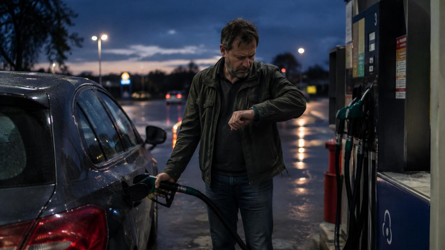 Automobiliste fatigué glissant sa carte de crédit dans le lecteur d'une pompe à essence tard le soir, sous un ciel sombre.