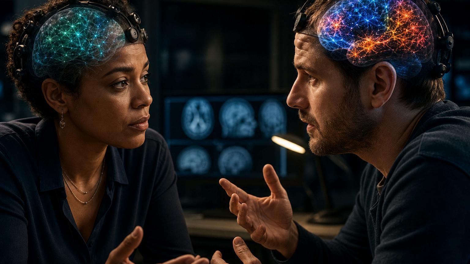 Illustration abstraite montrant deux silhouettes en face à face engagées dans une conversation, avec des motifs de neurones et de connexions cérébrales colorées autour de leurs têtes.