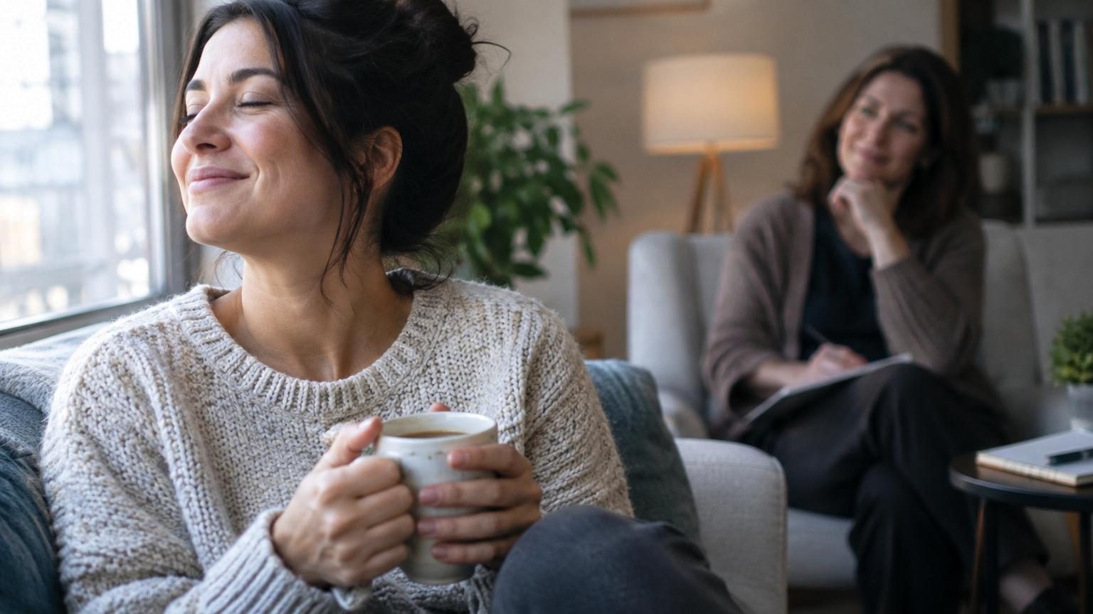 Une femme souriante pratique une activité quotidienne simple, comme marcher en plein air ou faire des étirements, symbolisant la reconnexion au moment présent pour cultiver le bonheur durable.
