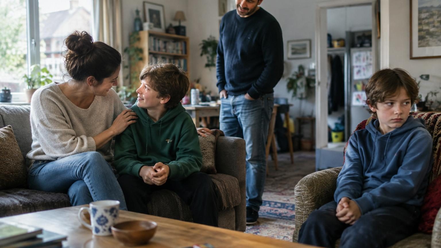 Deux enfants assis côte à côte dans un salon familial, l'un souriant et valorisé au premier plan, l'autre en arrière-plan regardant tristement vers le bas, symbolisant les différences de traitement parental et leurs impacts psychologiques.