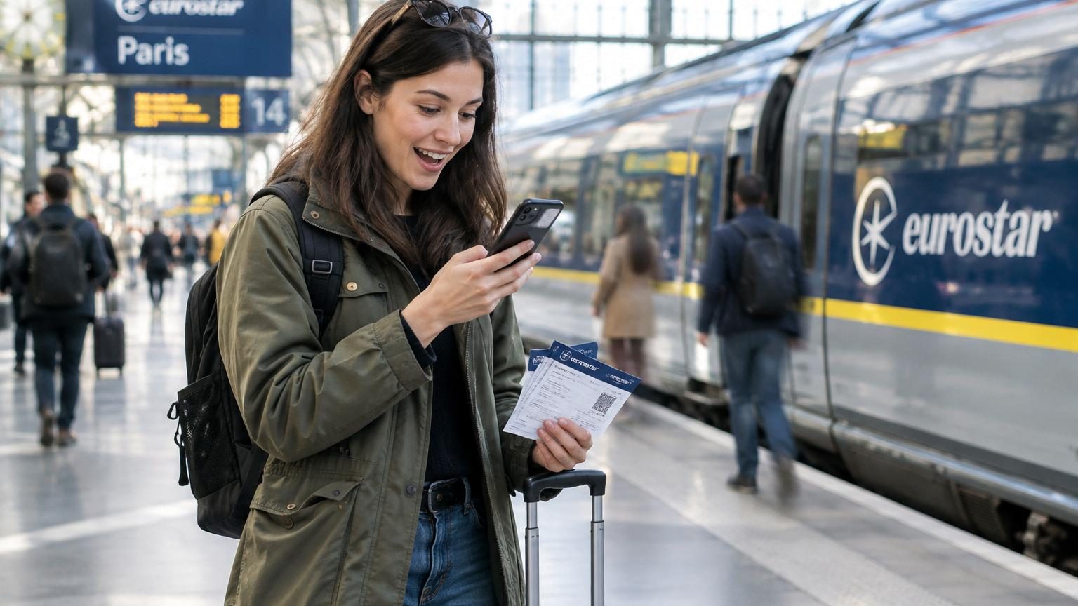 Interface du site Eurostar Snap affichant des options de réservation pour des trajets Londres-Paris avec des tarifs réduits et des plages horaires au lieu d'heures précises
