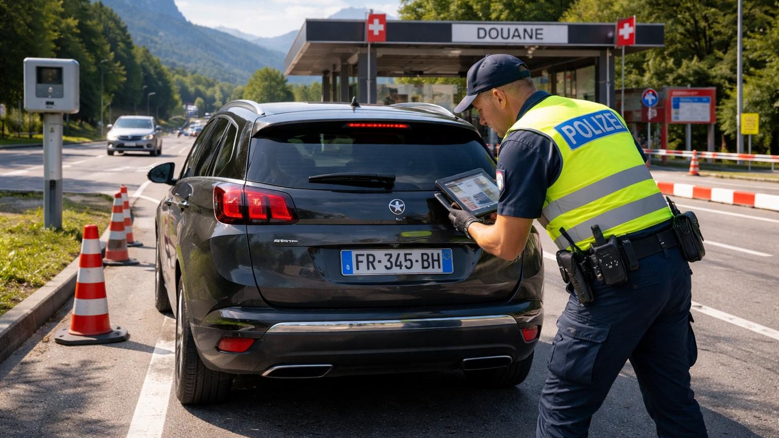 Route suisse de montagne avec radar de vitesse au bord de la chaussée et panneau de limitation.