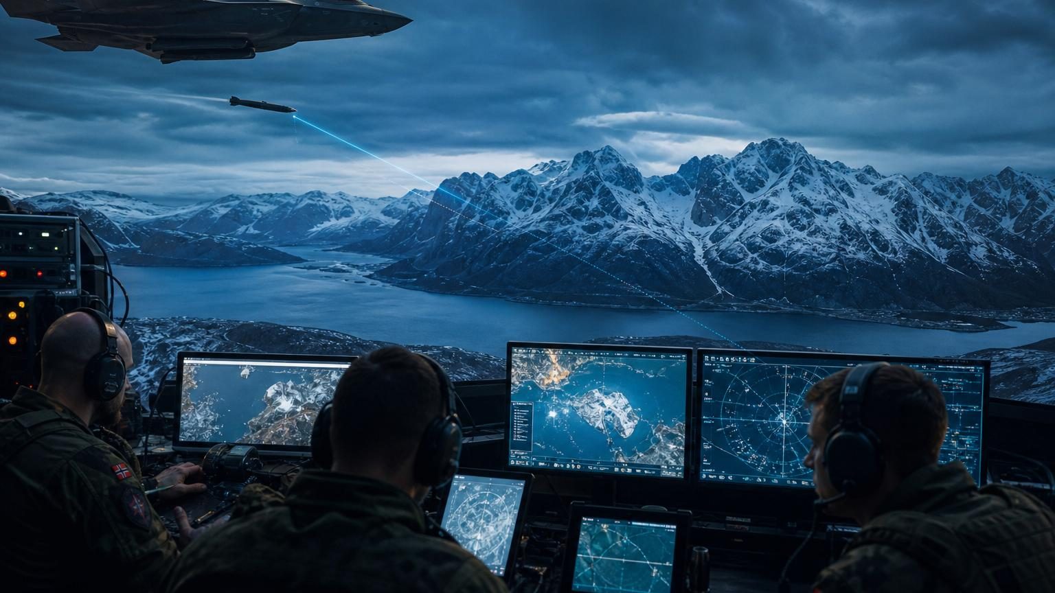 Opérateurs militaires concentrés sur des écrans de contrôle suivant les données de guidage d'une munition en vol au-dessus du paysage norvégien austère.