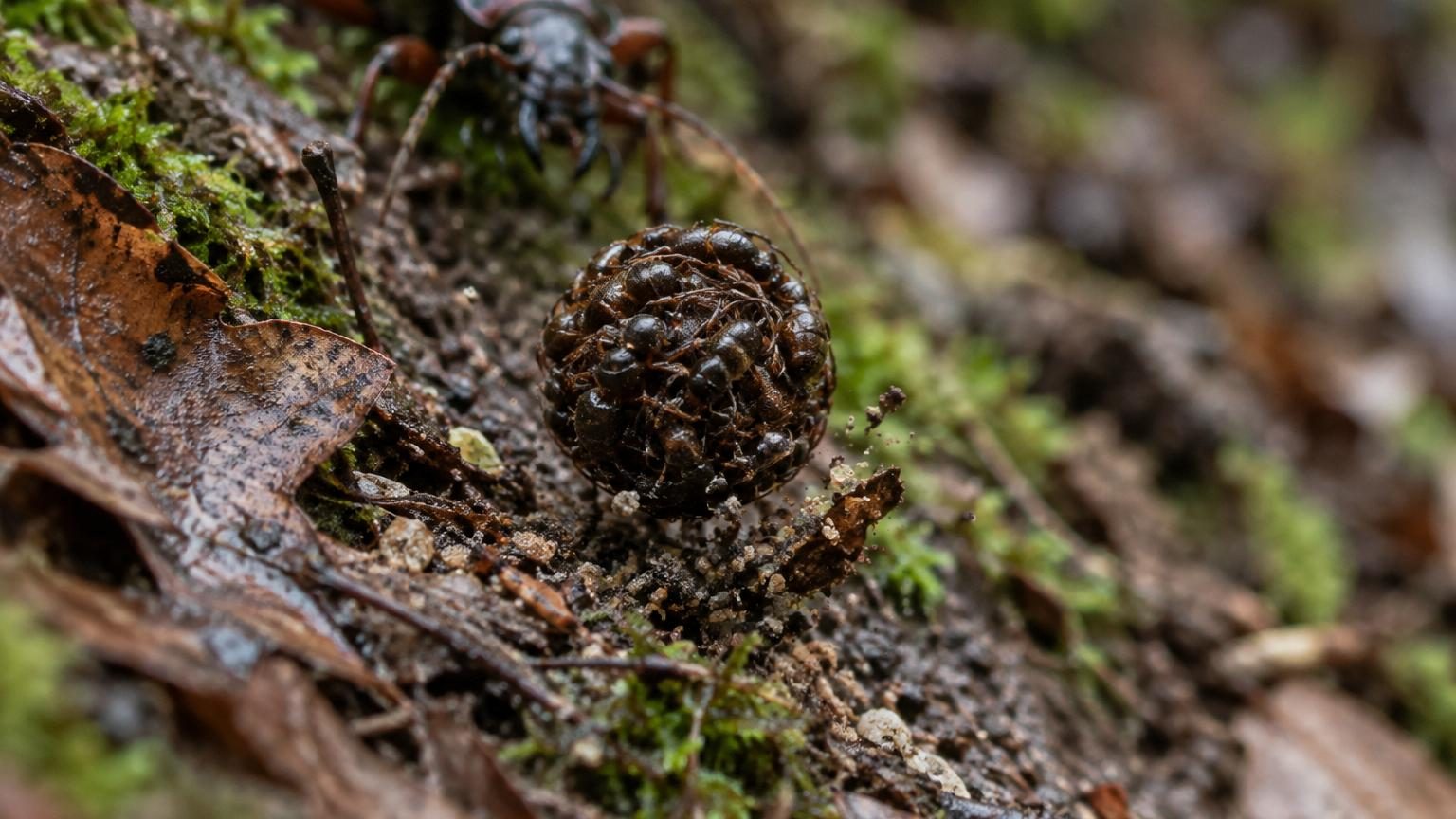 Une minuscule fourmi noire roulée en boule dévale une pente herbeuse entre des feuilles mortes et des débris végétaux.
