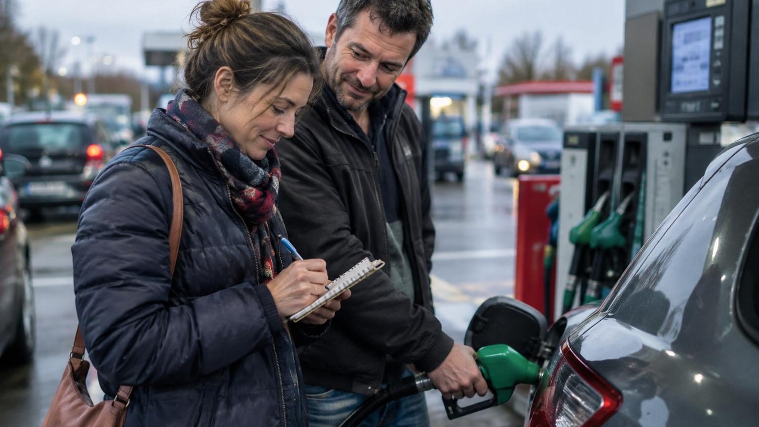 Un couple note les prix du carburant dans un carnet à la station-service, appliquant une stratégie discrète pour économiser sur leurs pleins.