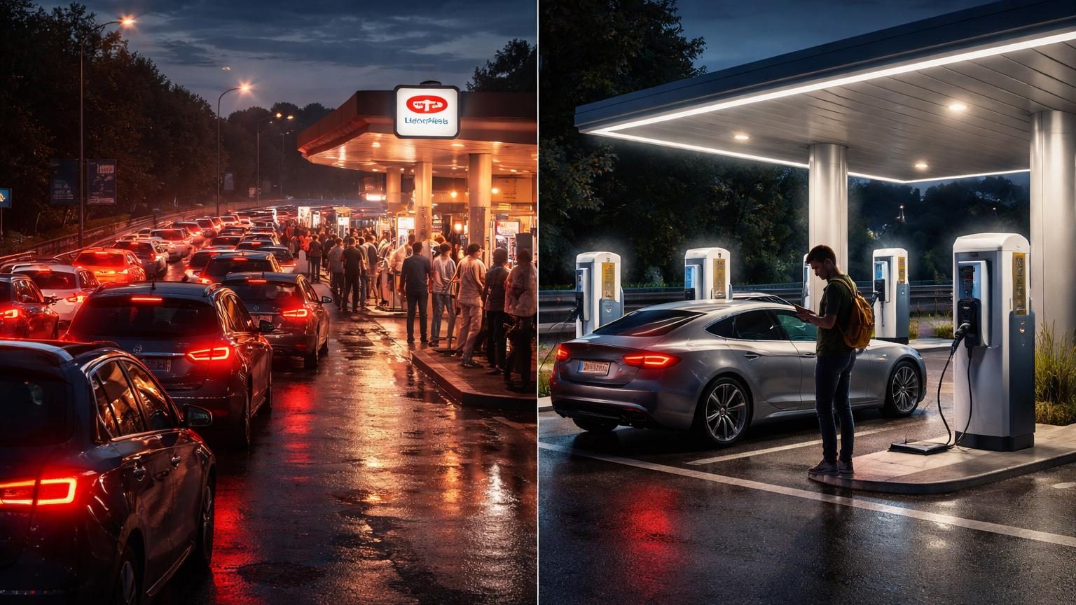 Comparaison visuelle entre une file d'attente à une station-service saturée et une borne de recharge électrique sur autoroute avec peu d'attente.