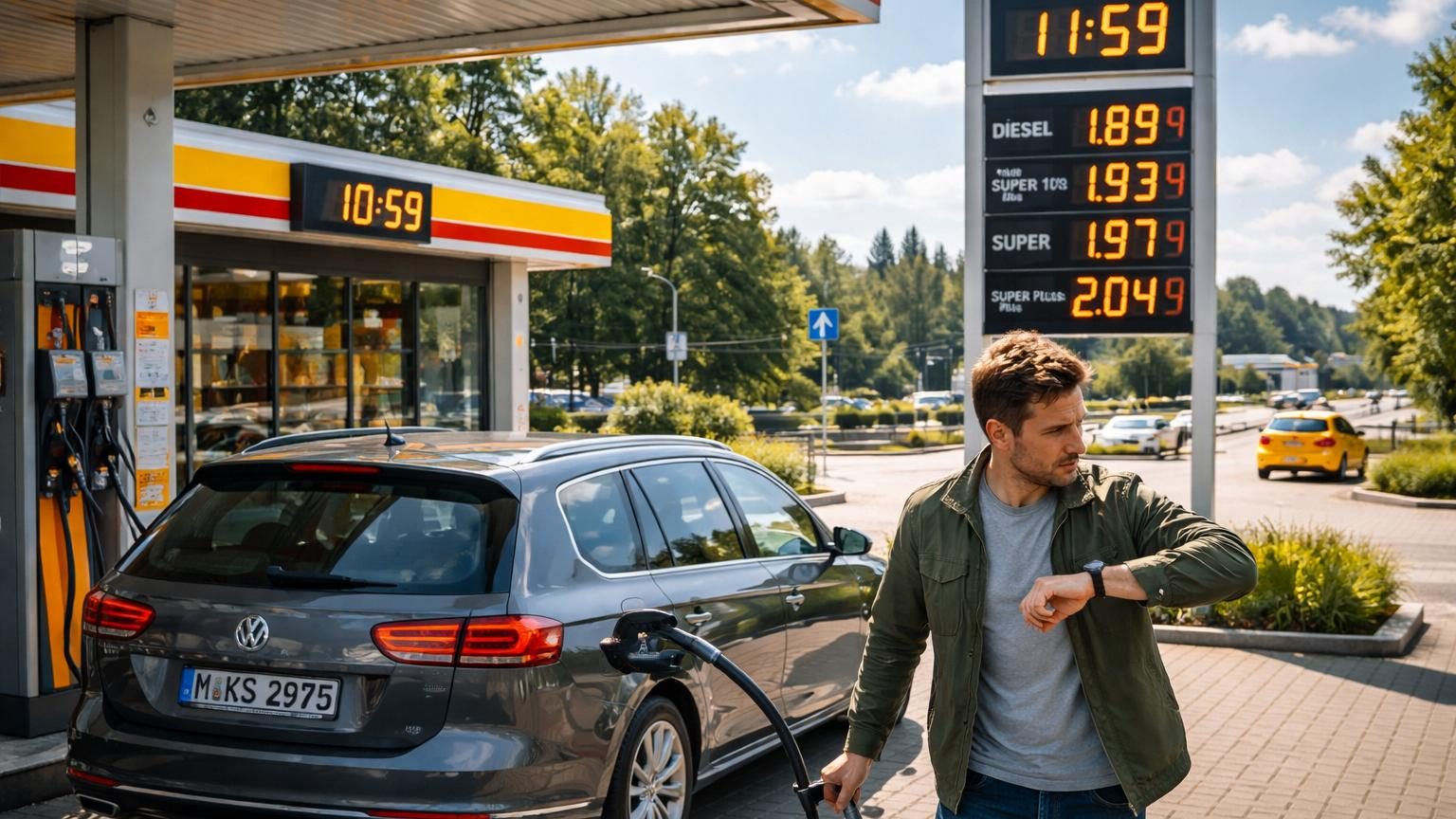Panneau de station-service allemande affichant les prix du carburant avec horloge indiquant 12 h, moment de l'augmentation quotidienne obligatoire