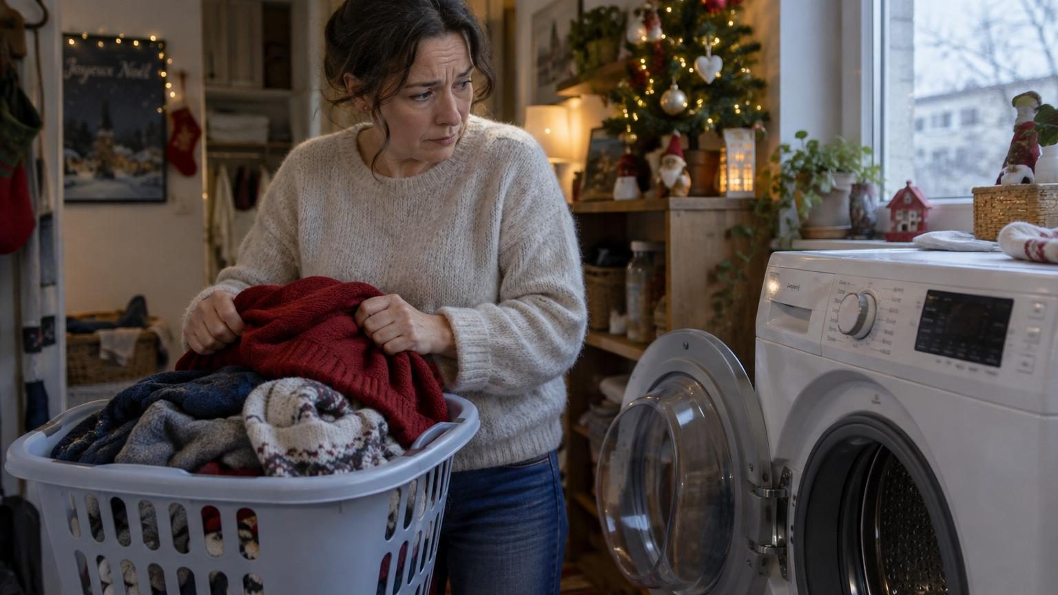 Machine à laver moderne devant une fenêtre hivernale avec des flocons de neige, symbolisant l'interdiction de lessive entre Noël et le Nouvel An