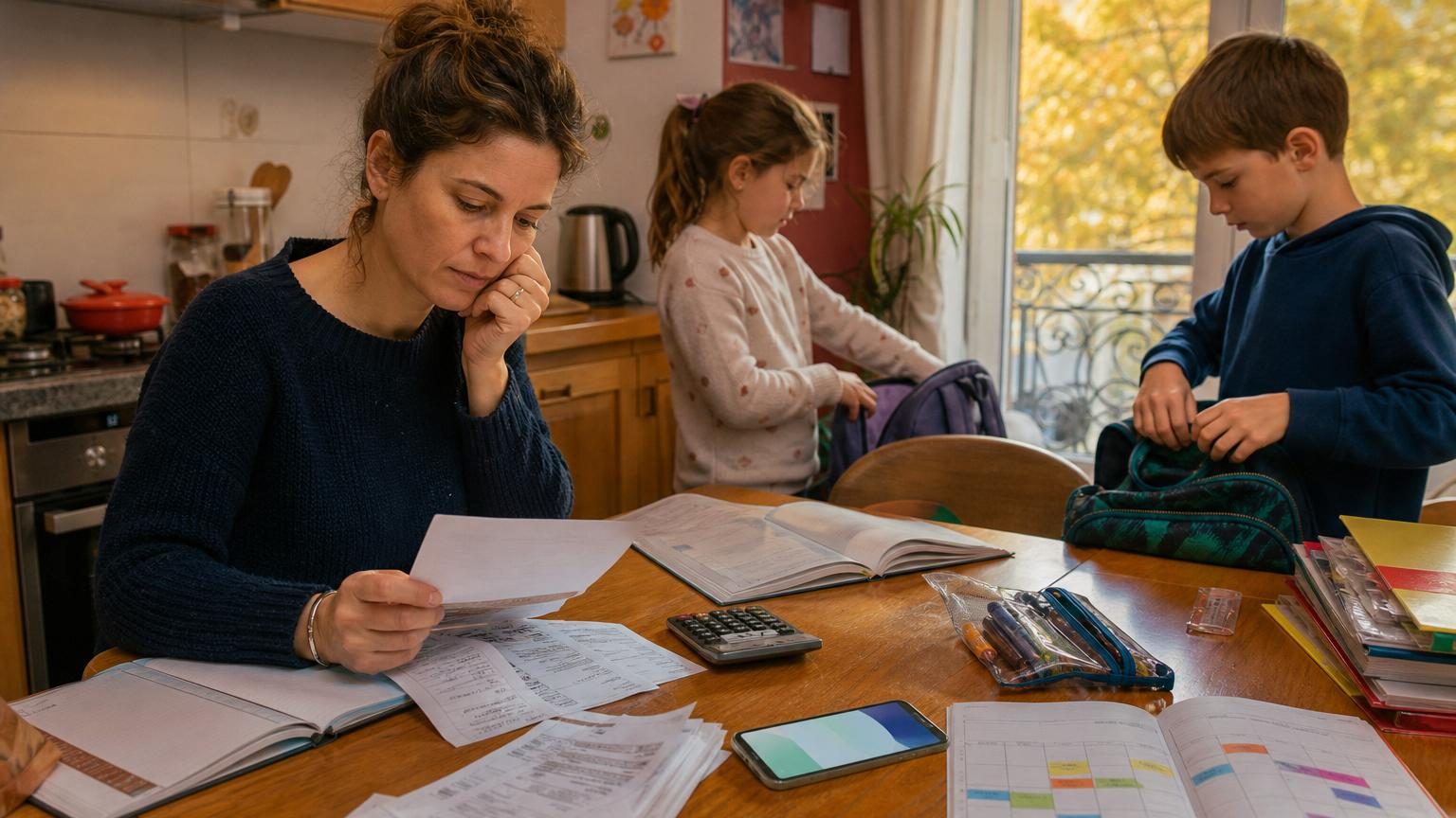 Carnet de liaison, facture de cantine et ticket de baskets sur une table, symbolisant les préoccupations budgétaires des parents en octobre.