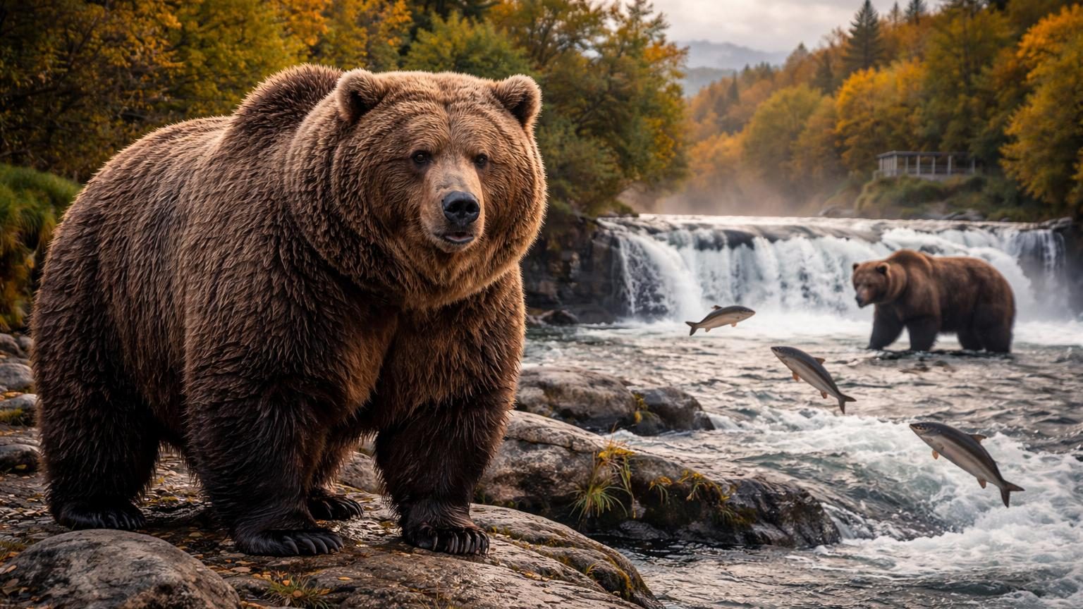 Ours brun massif en train de pêcher un saumon dans une rivière d'Alaska, illustrant la prise de poids spectaculaire avant l'hibernation.