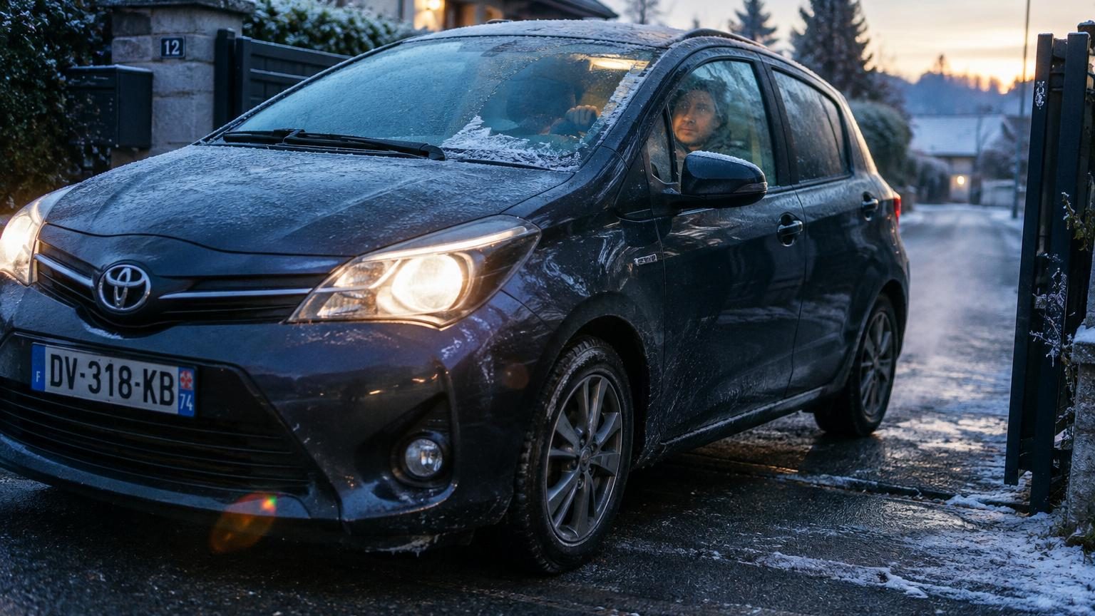Gros plan sur un thermomètre automobile enneigé affichant une température négative lors d'une matinée d'hiver froide.