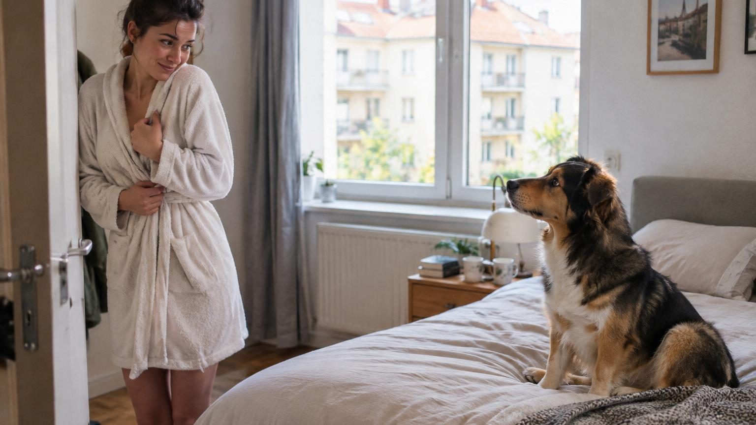 Un chat ou un chien observant avec curiosité une personne en train de se déshabiller dans une chambre ou une salle de bains domestique.
