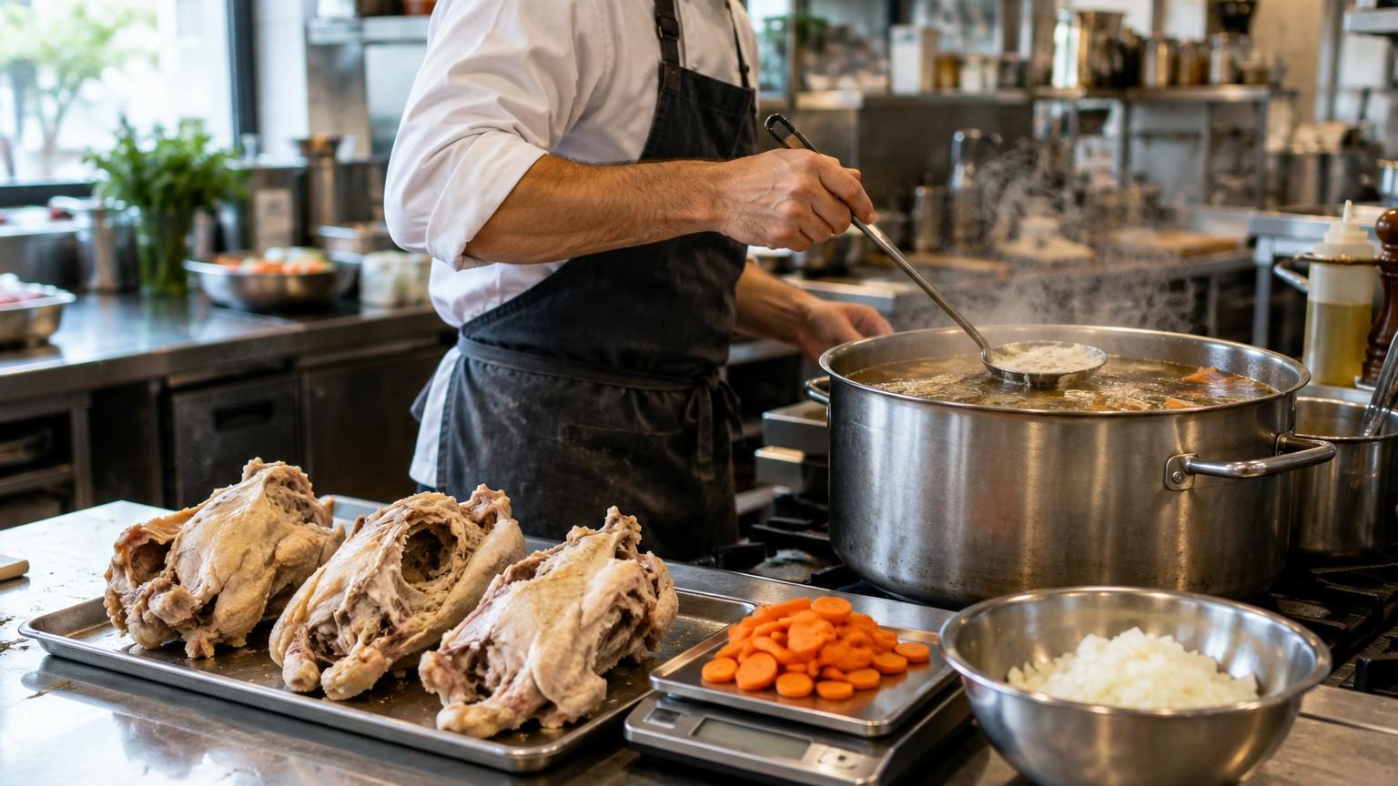 Casserole contenant un bouillon doré limpide avec carcasses de poulet, rondelles de carotte et quartiers d'oignon, illustrant la recette simple de Ferran Adrià.