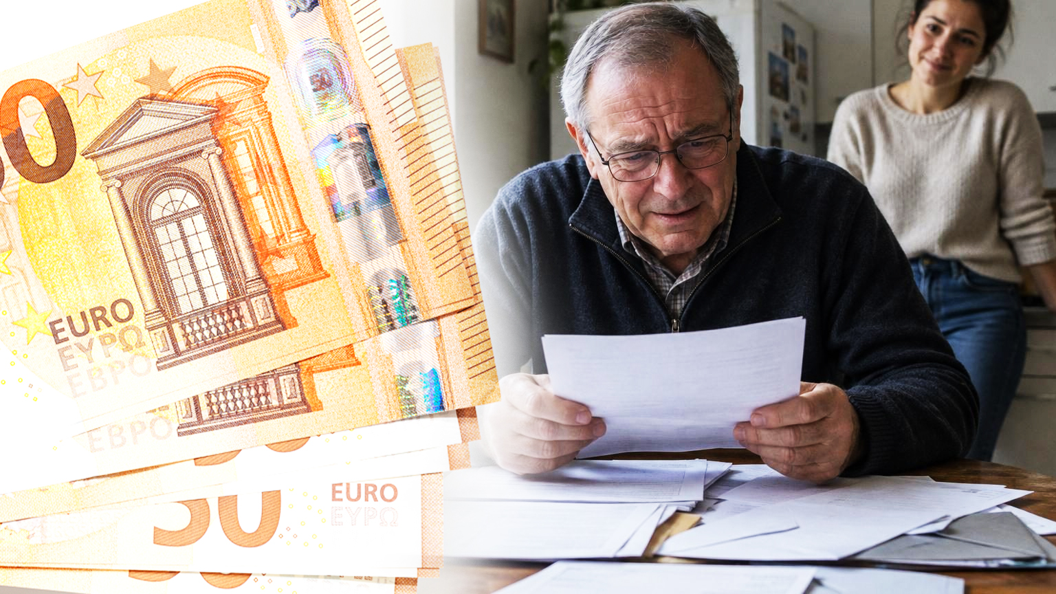 Homme retraité de 69 ans assis à une table en bois, entouré de lettres recommandées et relevés de carrière, pointant du doigt un chiffre griffonné au stylo portant l'inscription 29 000 euros.