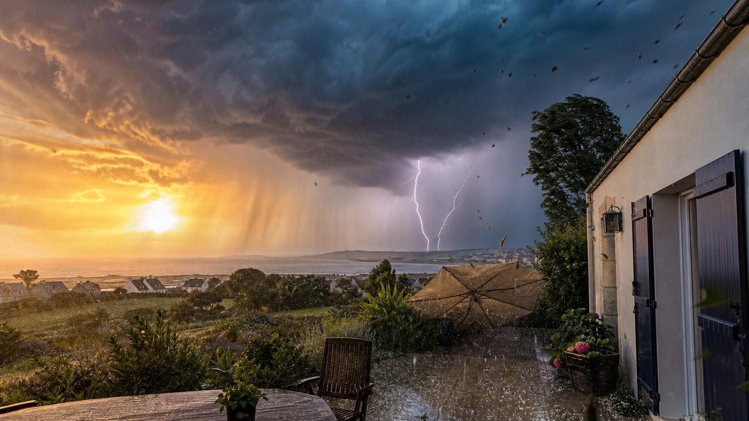 Ciel jaune et étrange au-dessus d'un jardin avec silhouettes d'arbres et de maisons, annonciatrice de l'arrivée imminente d'un violent orage d'été