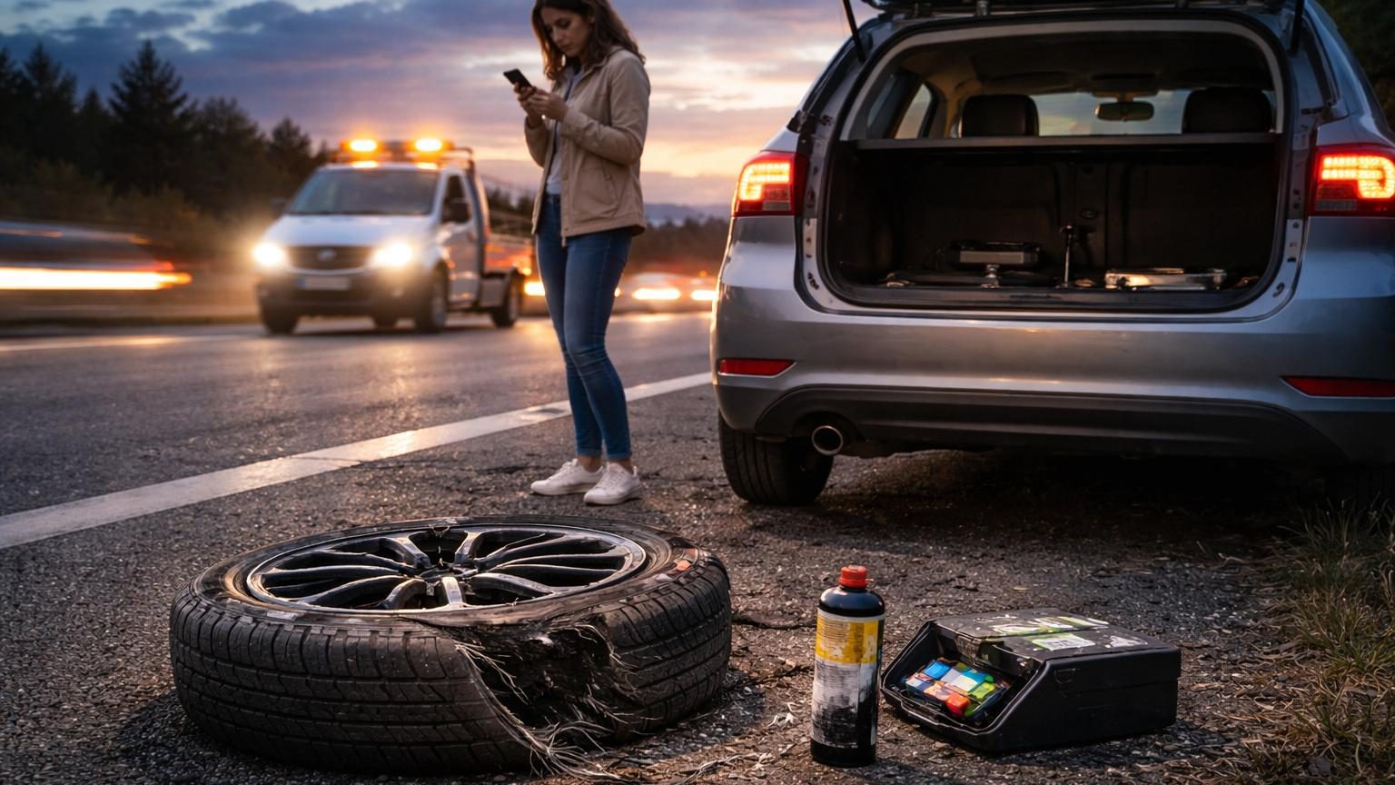 Vue de profil d'une roue de voiture neuve noire avec jante moderne, illustrant l'absence de roue de secours dans le coffre