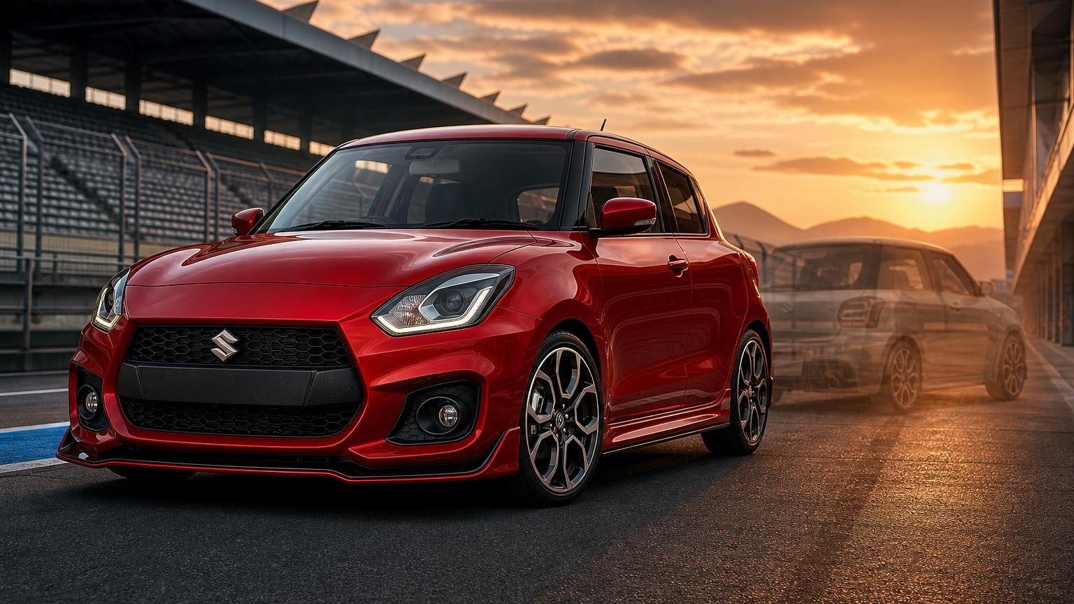 La Suzuki Swift avec kit carrosserie aérodynamique, spoiler avant et bas de caisse affinés, photographiée sur le circuit de Fuji Speedway.