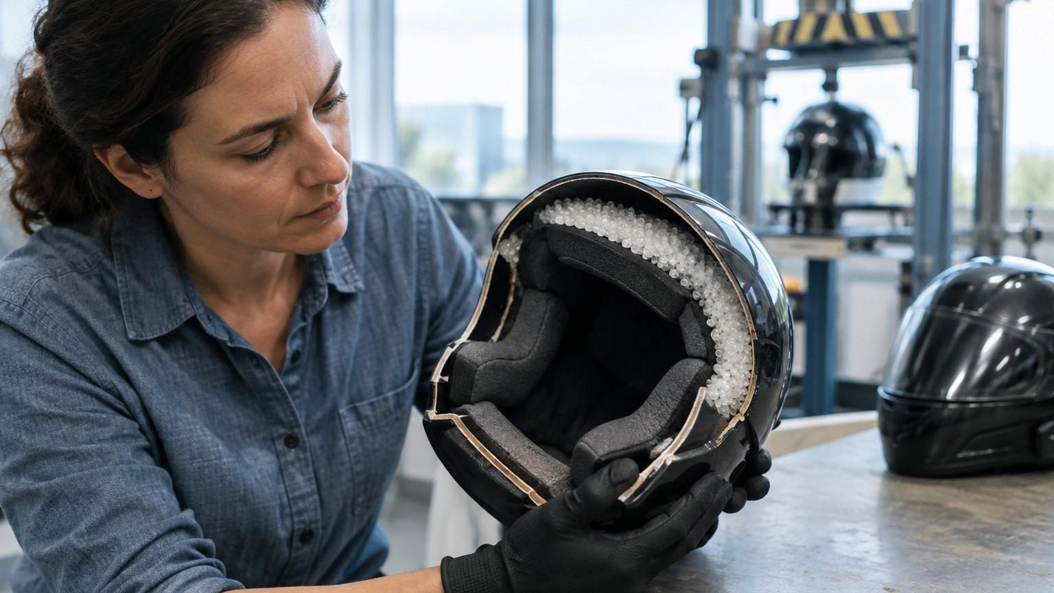 Profil technique d'un casque moto avec mise en évidence de la couche interne de microbilles de polycarbonate permettant de gérer les forces rotatoires lors d'un impact.