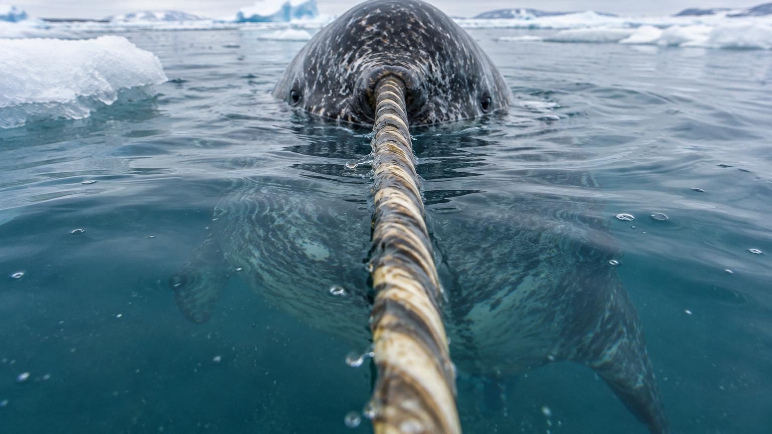 Narval nageant sous l'eau arctique glacée avec sa longue défense spiralée pointée vers l'avant, illustration scientifique stylisée
