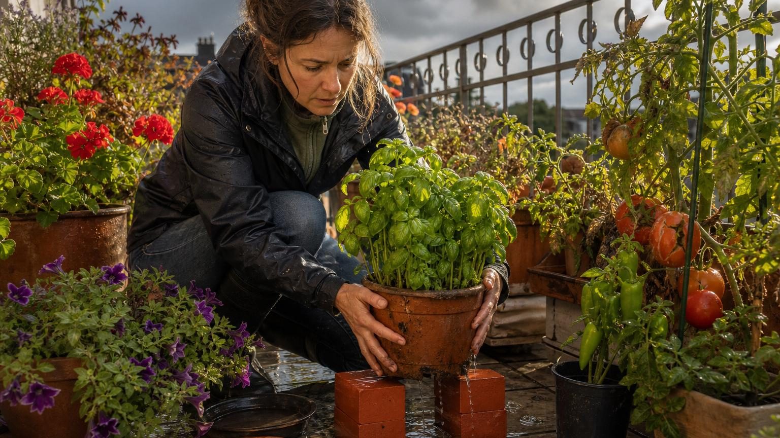 Claire sur sa terrasse surélève ses pots avec des briques pour améliorer le drainage, tandis que des feuilles jaunes et des tiges molles témoignent des dégâts causés par trois semaines de pluie persistante