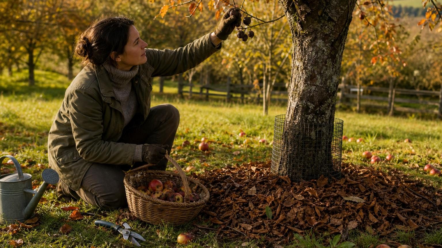 Claire inspecte son vieux pommier en automne, ramassant les fruits tombés abîmés au sol et observant les branches pour identifier le bois mort à retirer avant les premières gelées.