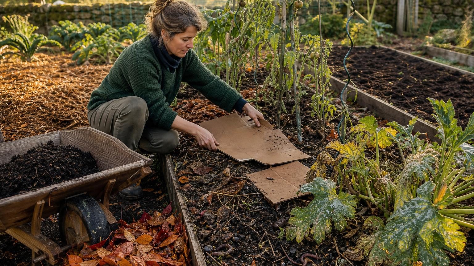 Potager d'automne avec tiges coupées, carton brun, compost et feuilles mortes étalés sur les planches, illustrant la préparation sans bêchage.