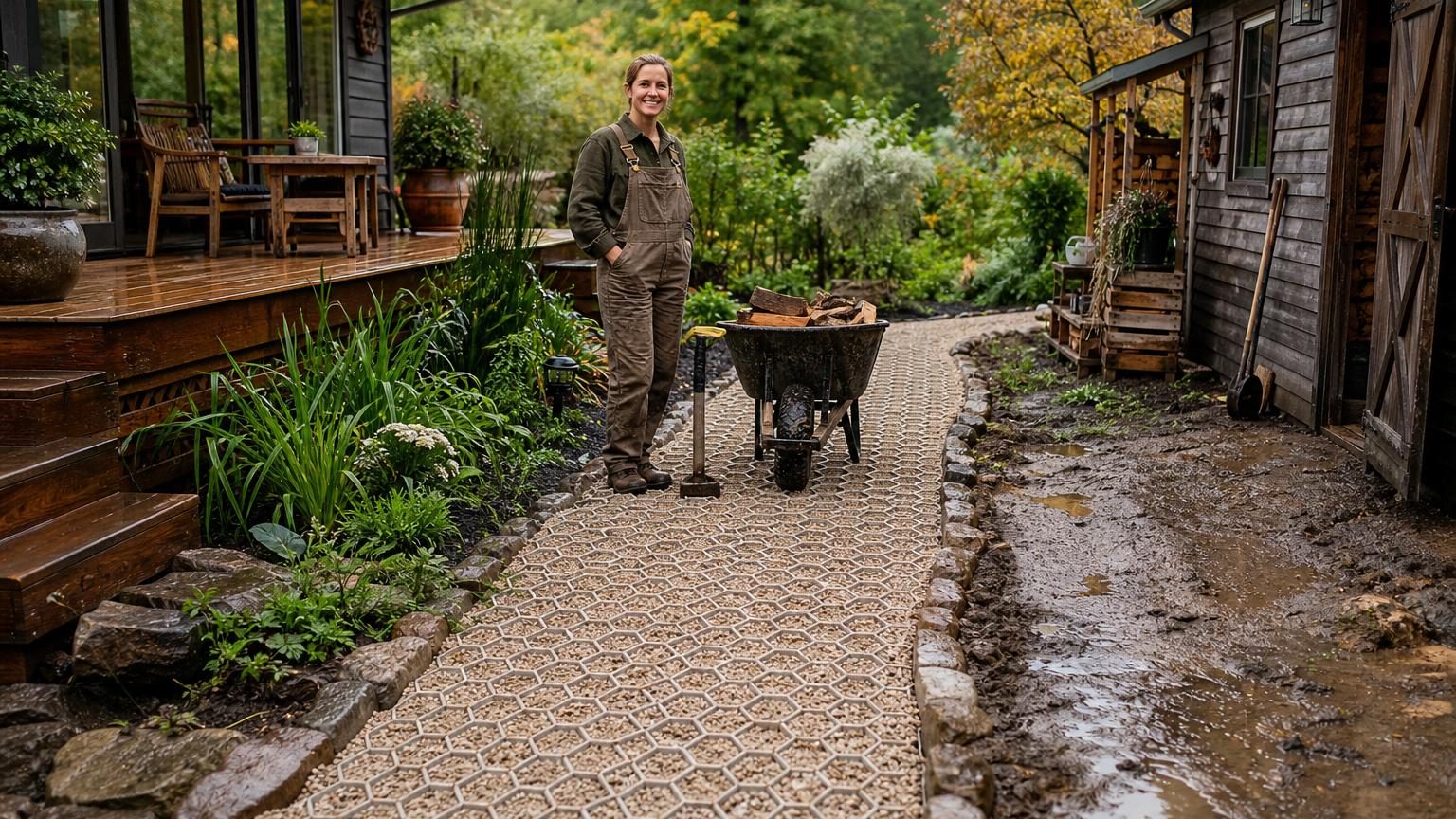 Passage de jardin étroit entre une terrasse et un abri, avec dalles alvéolées grises remplies de gravier clair, flanqué d'une bande de végétation.