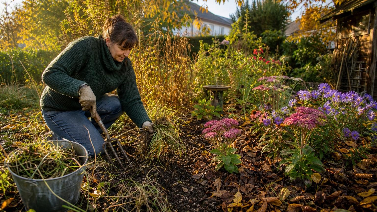 Un jardinier examine un massif de fleurs partiellement envahi par les mauvaises herbes, tenant une fourche-bêche, avec des feuilles mortes et un seau de travail à proximité.